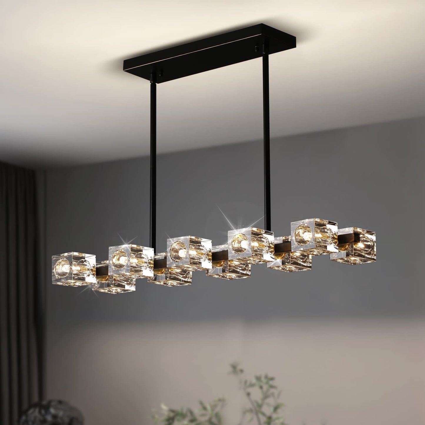 OKES Dining Room Light Fixture,Modern Crystal Chandeleirs Semi Flush Mount Ceiling Light Fixture,Black Metal Crystal Pendant Light for Kitchen Island Farmhouse Dining Room,Living Room (10-Lights)