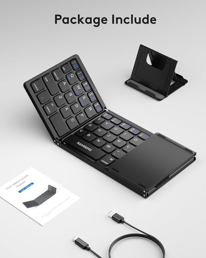 Samsers Foldable Bluetooth Keyboard with Touchpad - Portable Wireless Keyboard with Holder, Rechargeable Full Size Ultra Slim Pocket Folding Keyboards for Android Windows iOS Tablet & Laptop - Black
