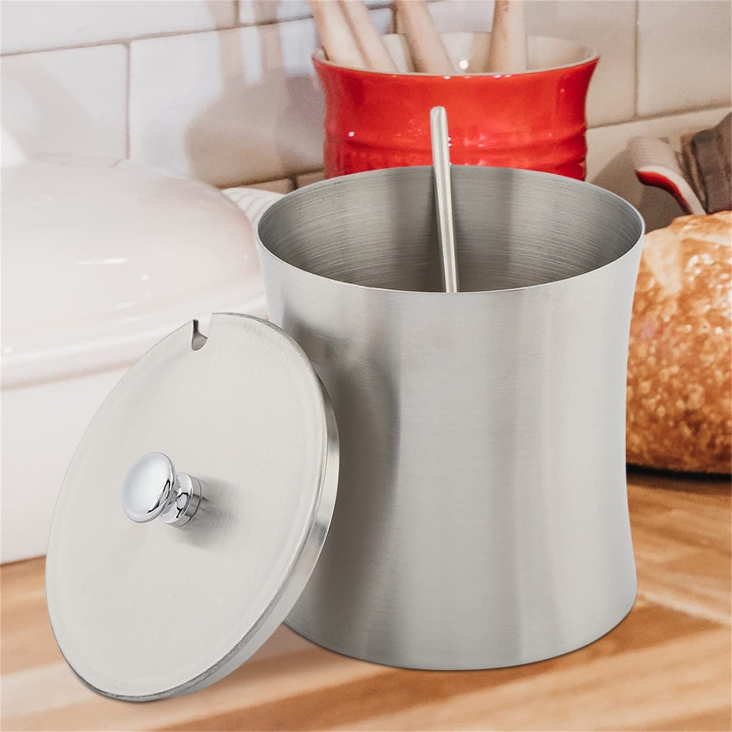 Oumefar Sugar Bowl Stainless Steel Jar Salt Pot Condiment Pot with Lid and Serving Spoons Kitchen Seasoning Container for Home Kitchen Restaurant