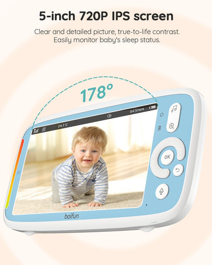 BOIFUN Video Baby Monitor with 2 Cameras, 5-inch 720P IPS Screen, Dual 360 Camera, No Wifi, 3050mAh Battery, VOX Mode, Invisible Night Vision, Two-way Audio, Temperature Sensor, Lullabies, Elder,Twins