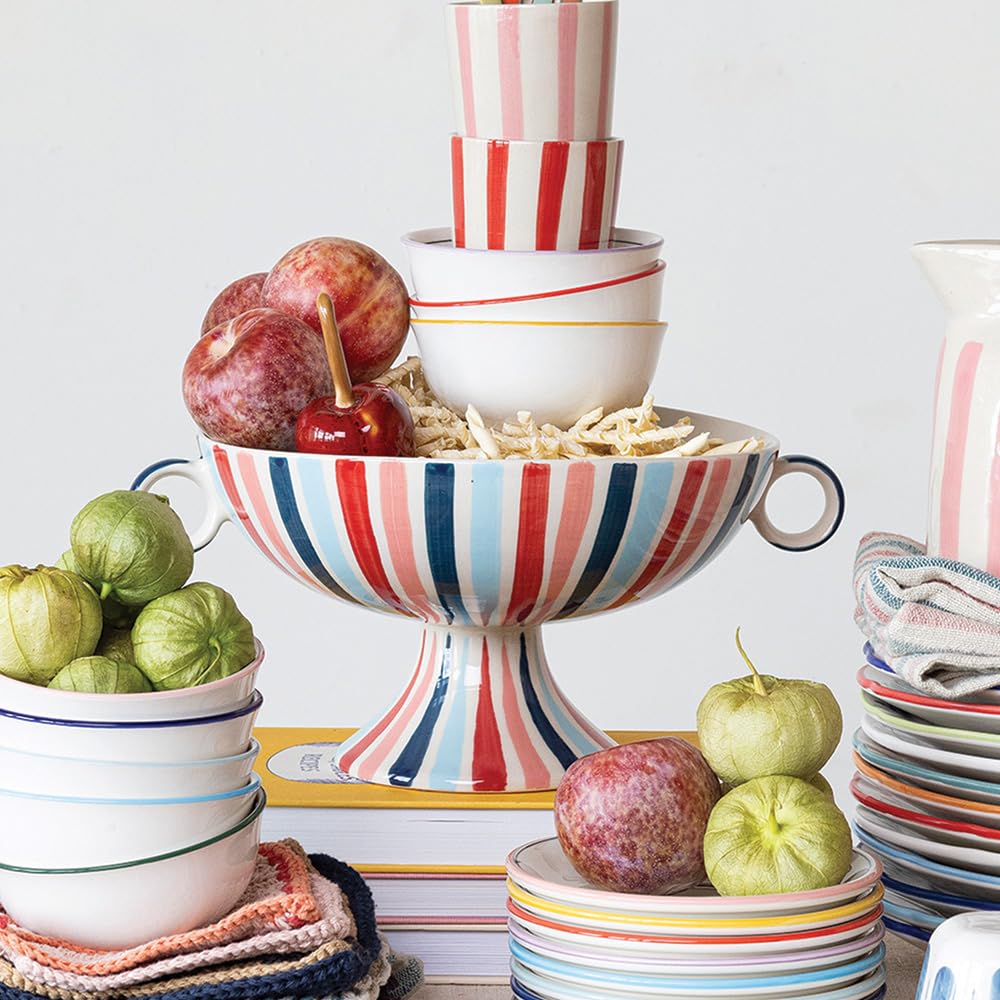 Creative Co-Op Hand-Painted Stoneware Footed Bowl with Handles and Stripes, Multicolor