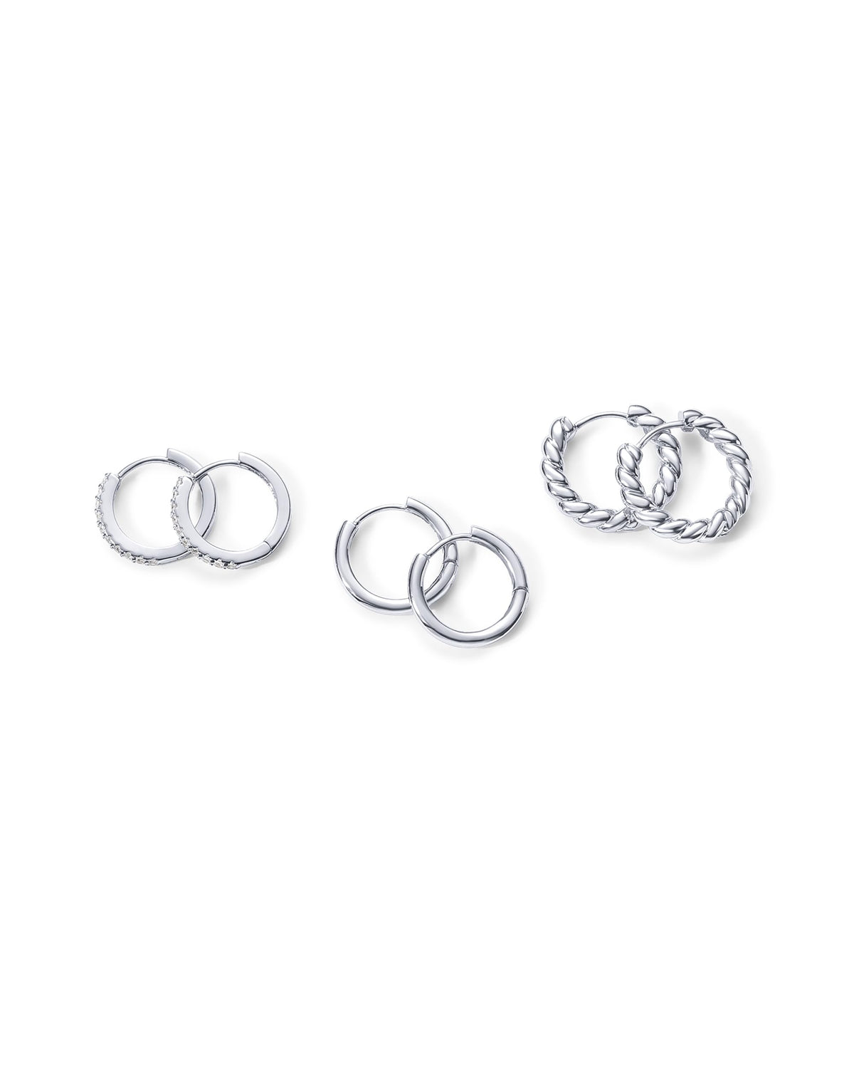 PAVOI Rhodium Plated 925 Sterling Silver Posts 3 Pairs Small Hoop Earrings for Women - Cubic Zirconia Plain Rope Huggie Pack - Lightweight Set