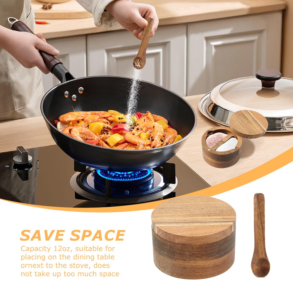 Saycker Wood Salt and Pepper Bowl, with Swivel Lid and Spoon Round Salt Container Spices Storage Box(4.06inchs)