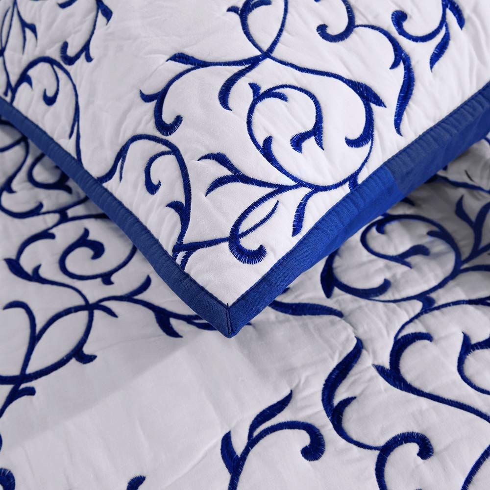 mixinni 2-Piece King Size Soft Microfiber Royal Blue Quilted Embroidery Floral Pattern Pillow Shams-20" x 36"