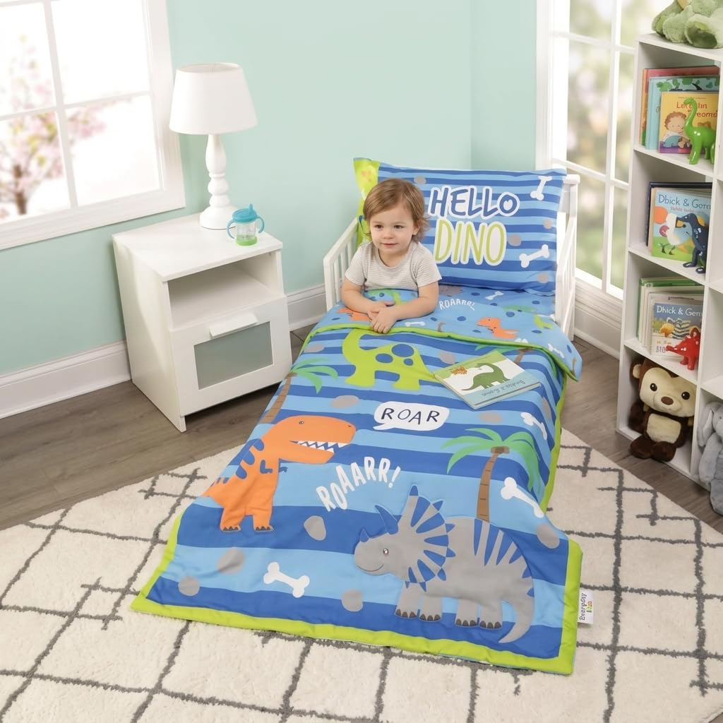EVERYDAY KIDS 4 Piece Toddler Bedding Set – Roaring Dinosaurs - Includes Comforter, Flat Sheet, Fitted Sheet and Reversible Pillowcase – Boys Toddler Bedding