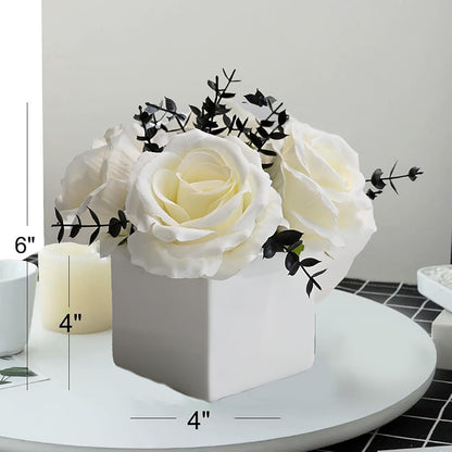 NAWEIDA Artificial Flowers with Vase, White Rose Faux Floral Arrangement with Black Eucalyptus, Minimalist Small Flower Decor for Desk, Coffee Table, Modern Home Decoration