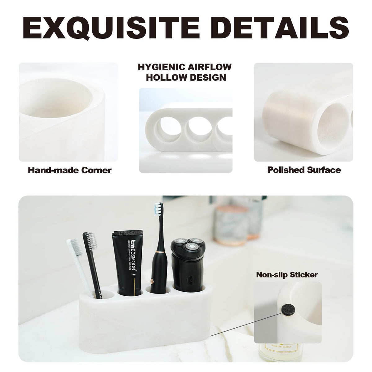 BCS Toothbrush Holder for Bathrooms, 4 Slots Marble Toothbrush and Toothpaste Holder Stand Bathroom Organizer Countertop for Electric Toothbrush, Floss, Razor, Comb - Karibib Ice