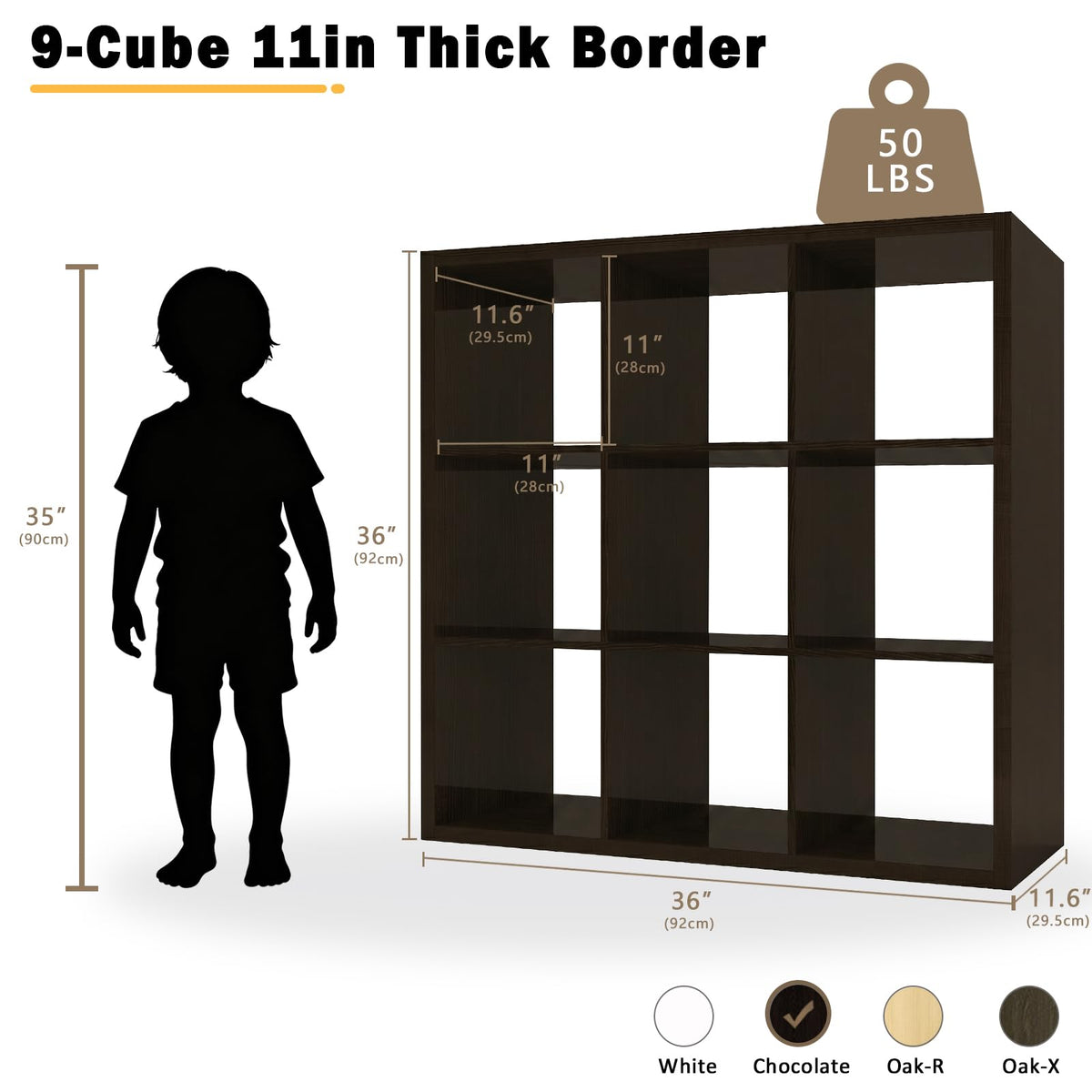 Endearing Limons【2026 Wooden Thick Border 9 Cube Shelf Storage Organizer with Anti-Tipping Kits + Reversible Open Back Bookcase (11 x 11 Unit Cell Chocolate)