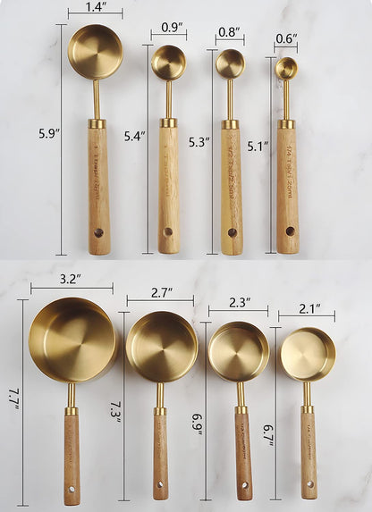 Dadamong Measuring Cups and Spoons Set of 8, Stainless Steel Gold Measuring Cups Kit with Wooden Handle, Kitchen Cooking Baking Spoons Tool Set for Solid and Liquid Iingredients