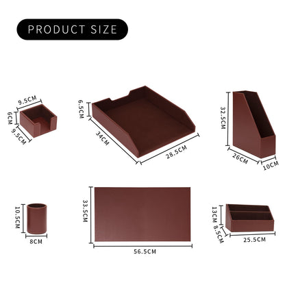 XNONE Office Supplies PU Leather 6-Piece Desk Organizer with Writing Pad, Letter Tray, File Folder Sorter, Pen Cup, Note Holder, Business Card Holder - Brown