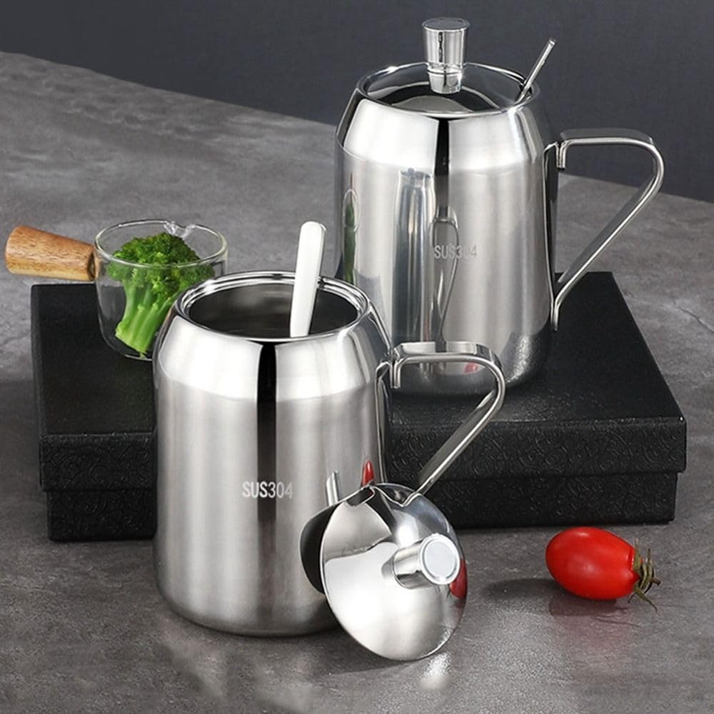 zaoalife Sugar bowl,Salt bowl,Stainless Steel Sugar Bowl with Lid and Spoon, Spice Jar Pepper Salt Pot Condiment Pot,Kitchen Seasoning Container,Small Condiment Container for Home and Kitchen