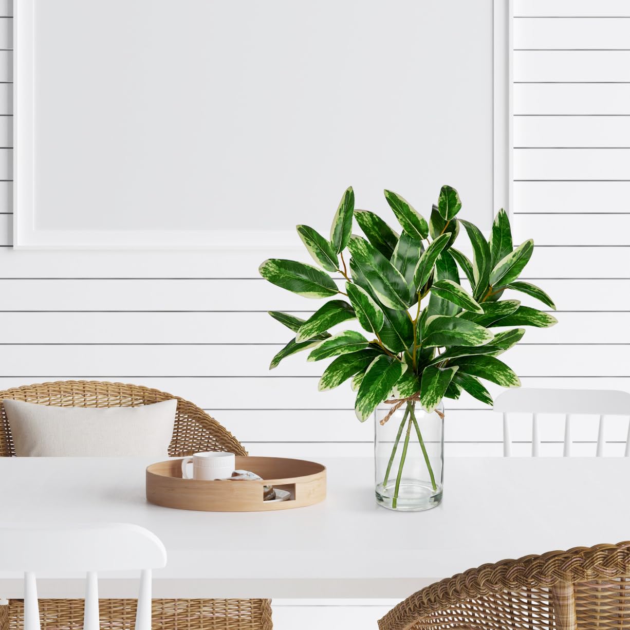 Artificial Eucalyptus Stems in Glass Vase with Faux Water, 13.8" Faux Plants Indoor Small Desk Plant, Silk Greenery Artificial Plants Indoor for Home Office Farmhouse Wedding Centerpiece Table Décor