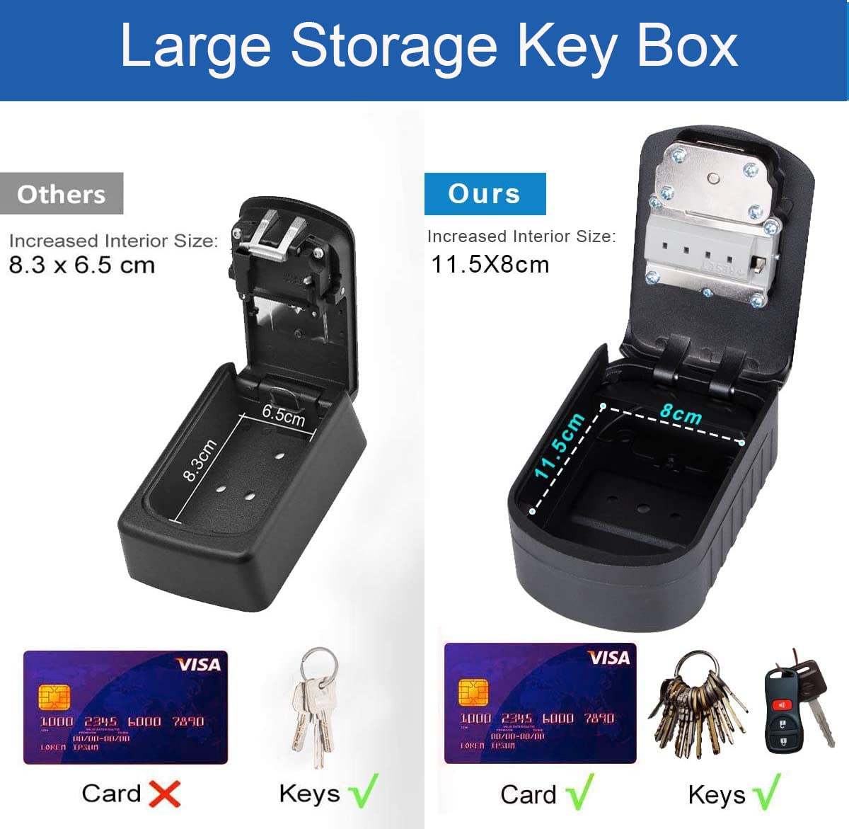 Xeano Extra Large Key Lock Box with 4 Digit Combination and Spare Key Sturdy Key Safe Box Wall Mounted Outdoor Intdoor Weatherproof Key Storage Box for Home Office Garage School Factory (Black)
