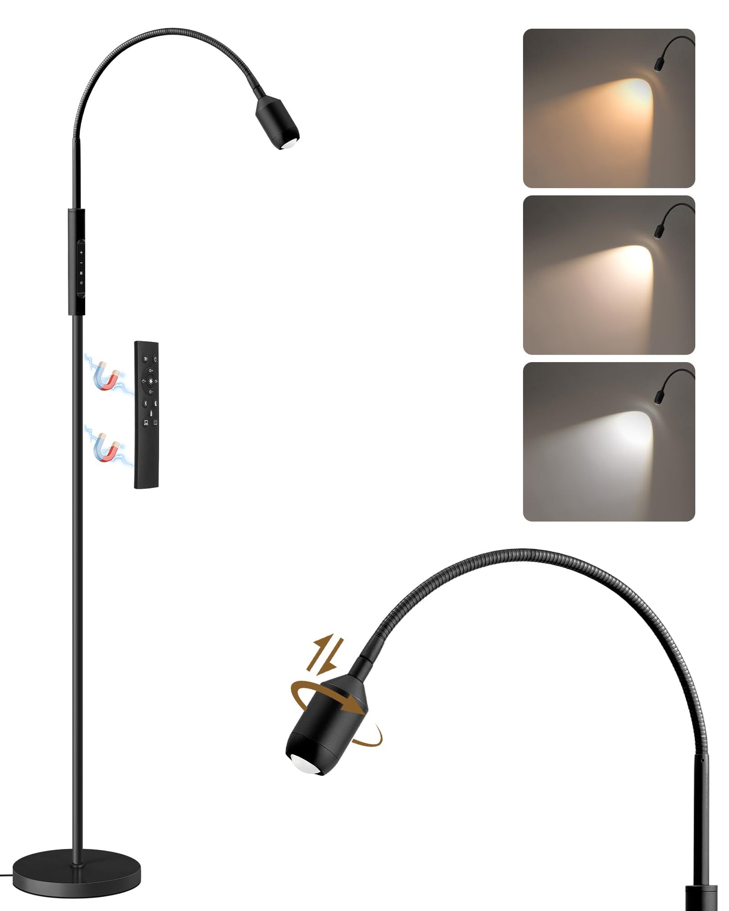 GOEBLESON Reading Floor Lamp, 74.2" Tall LED Lamp, with 360° Flexible Gooseneck & Touch & Remote Control, Ajustable Color & Beam, Crafts Standing Lamp, for Reading, Task Craft, Living, Black WB16LD05