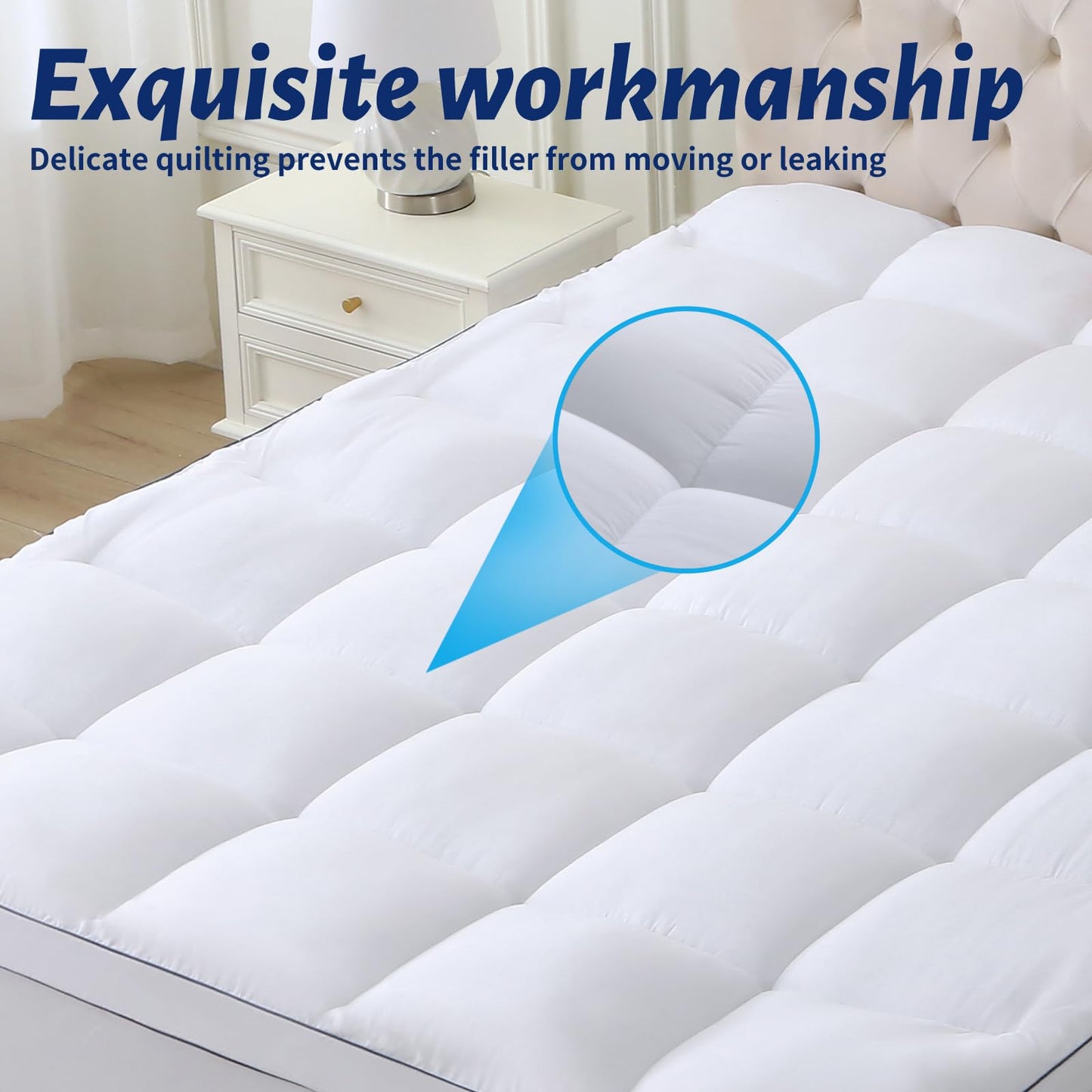 Thick Mattress Topper Queen with Deep Pocket, Extra Pillow Top Mattress Pad, Breathable & Cooling Mattress Cover, Fits 8-21 Inch, Soft Support for Back Pain Relief, Mattress Protector (Queen, White)