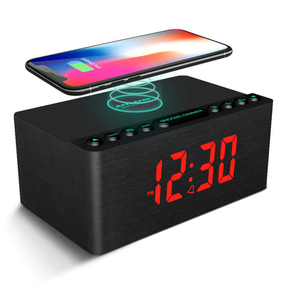 ANJANK Wooden Digital Alarm Clock FM Radio,Qi Certified Fast Wireless Charger Station for iPhone/Samsung,Dimmable LED Display,USB Charging Port,Sleep Timer,Wood Modern Clock for Bedroom Bedside(Black)