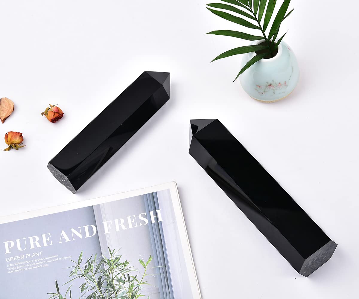 MOGEMT Large Black Obsidian Crystal Tower Natural Healing Crystal Point Wand Obelisk 6 Faceted Reiki Chakra Meditation Therapy Home Decor Gift 1.5-2 LBS