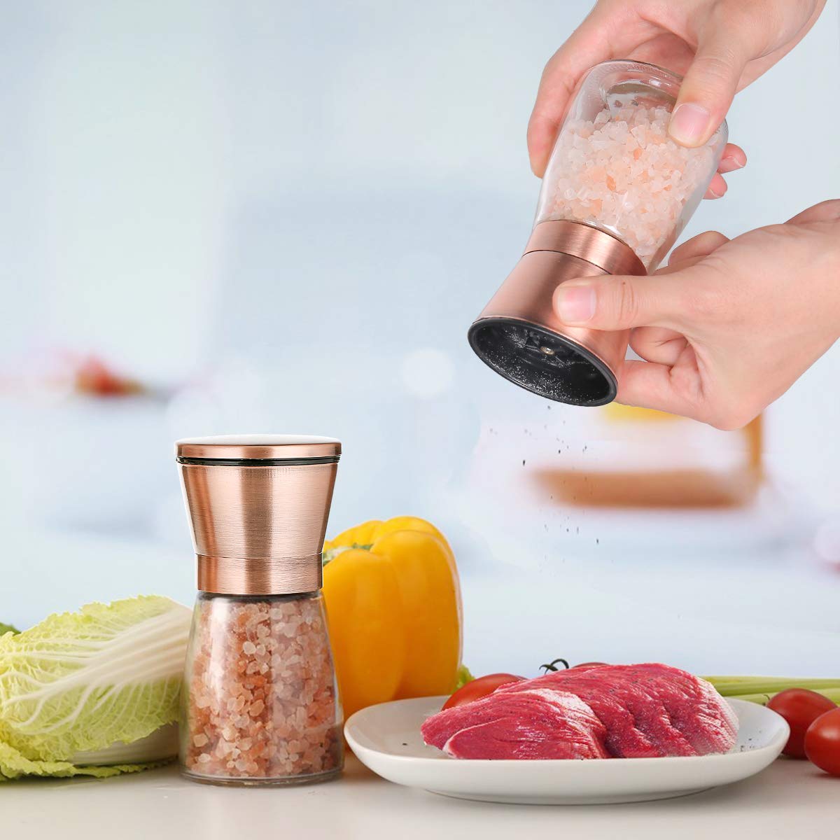 bonris Copper Stainless Steel Salt and Pepper Grinder Set Manual Himalayan Pink Salt Mill|Salt and Pepper Shakers with Adjustable Coarseness and Clear Glass Body (Pack of 2) (SHORT)