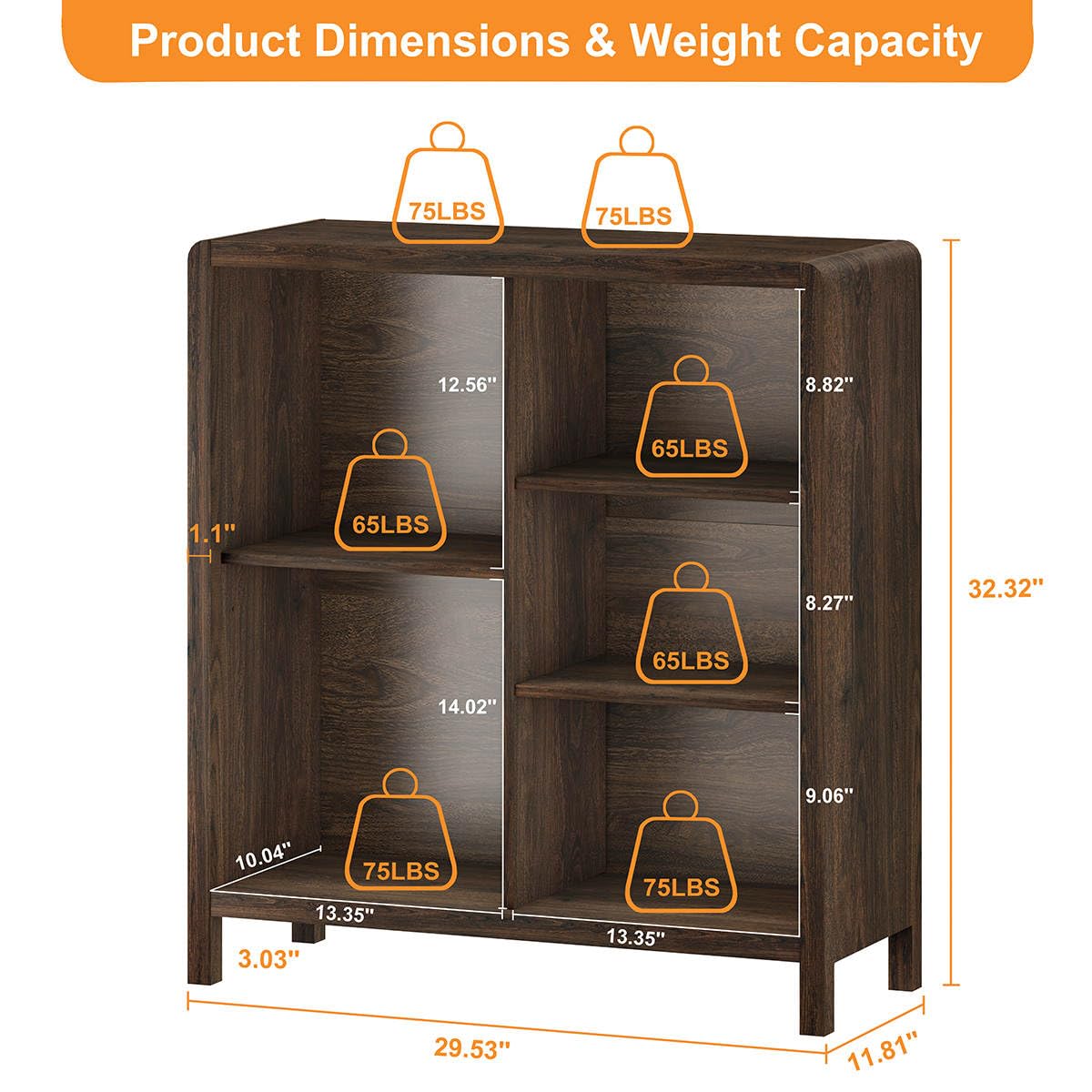 FATORRI 5 Cube Bookshelf, Wood Bookcase with 3 Adjustable Shelves, Farmhouse Cube Storage Organizer Shelf for Small Space Bedroom Living Room (Dark Walnut)
