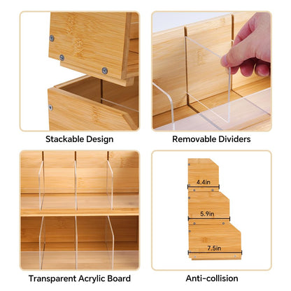DOUKE Wooden Tea Bag Organizer – 2-Tier Stackable Tea Box with Adjustable Dividers, Safe Bamboo Tea Storage, Countertop Tea Holder for Coffee Tea Station, Kitchen, Office