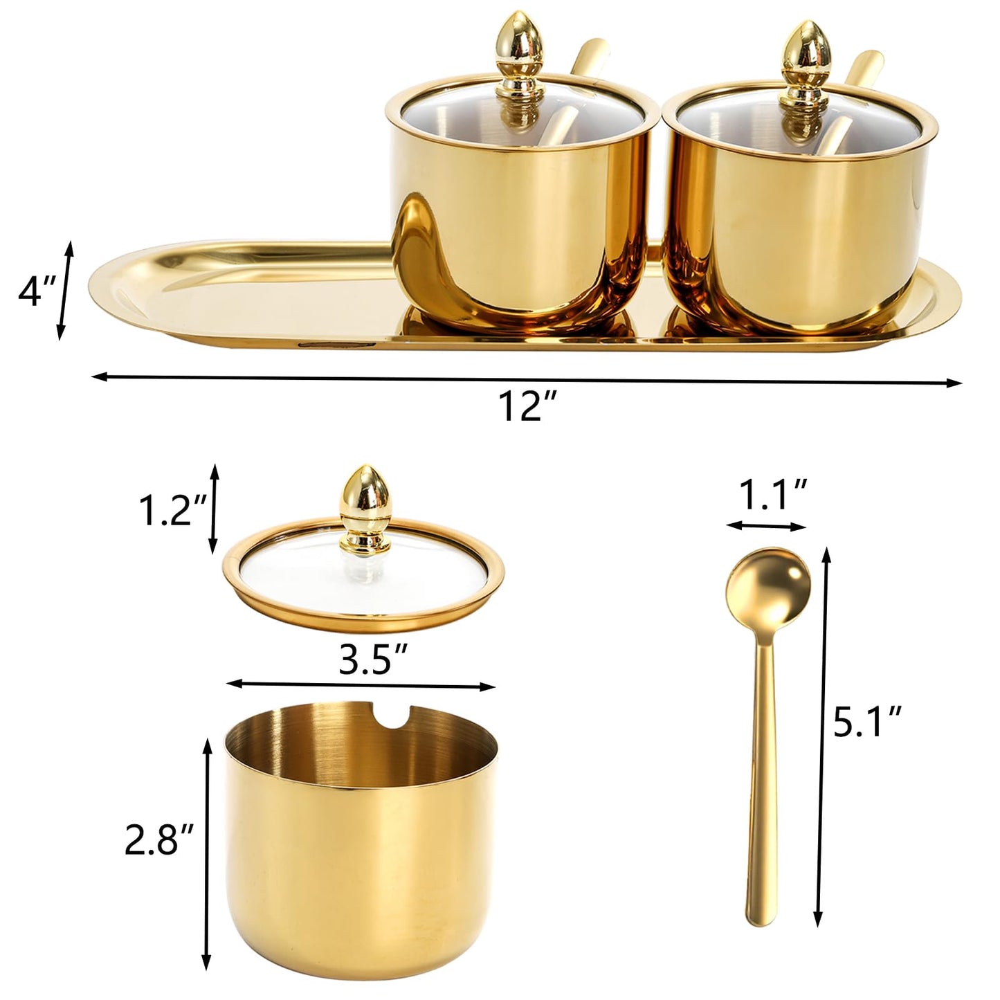 Hedume Set of 3 Grids 304 Stainless Steel Seasoning Containers with Glass Lid Spoon and Tray, 11 oz Gold Condiment Jar Spice Container, Condiment Canisters Pots for Serving Sugar, Pepper, Salt, Candy