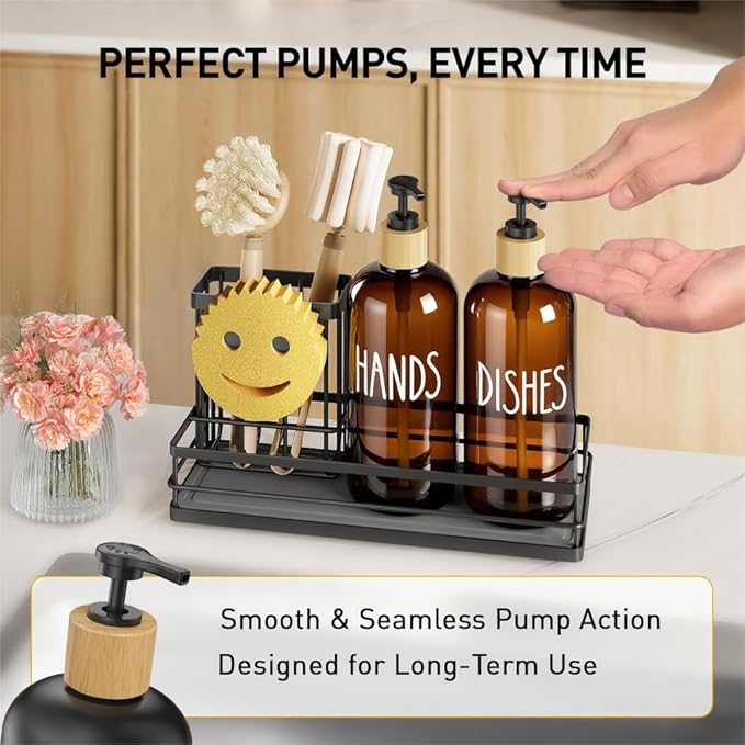 Moforoco Kitchen Dish Soap Dispenser Set, 16OZ Glass Bottle, Hand and Dish Soap