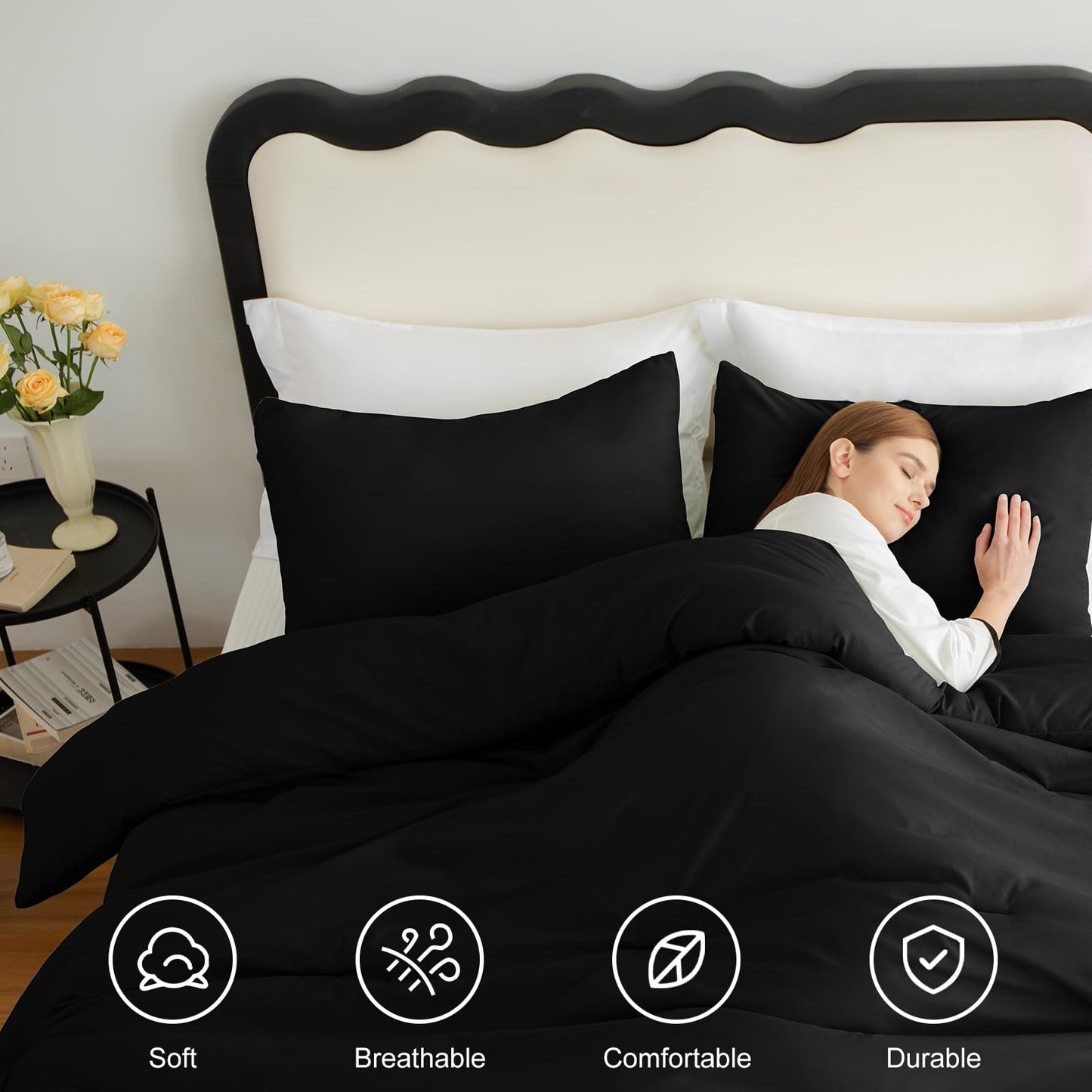 CozyLux Queen Comforter Set Black, 3 Pieces Lightweight Comforters Queen Size Quilted Bedding Sets, All Season Breathable Solid Down Alternative Comforter with 2 Pillowcases, Bed Set Gift for Home