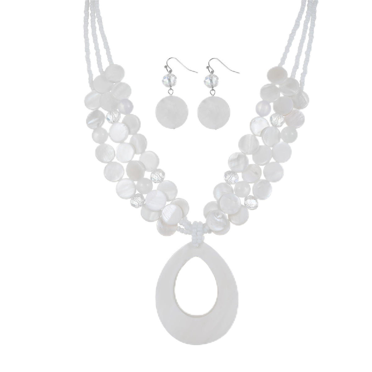 Aenu Multi-Strand Beaded Necklace with Teardrop Pendant Colorful Beads Statement Jewelry Set for Women (White)