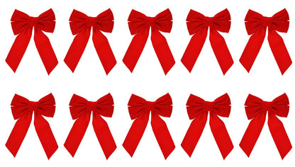 Set of 10 Red Velvet Christmas Wreath Bows, 9"x13" - For Garland, Gifts, Parties - Indoor/Outdoor Holiday Decor