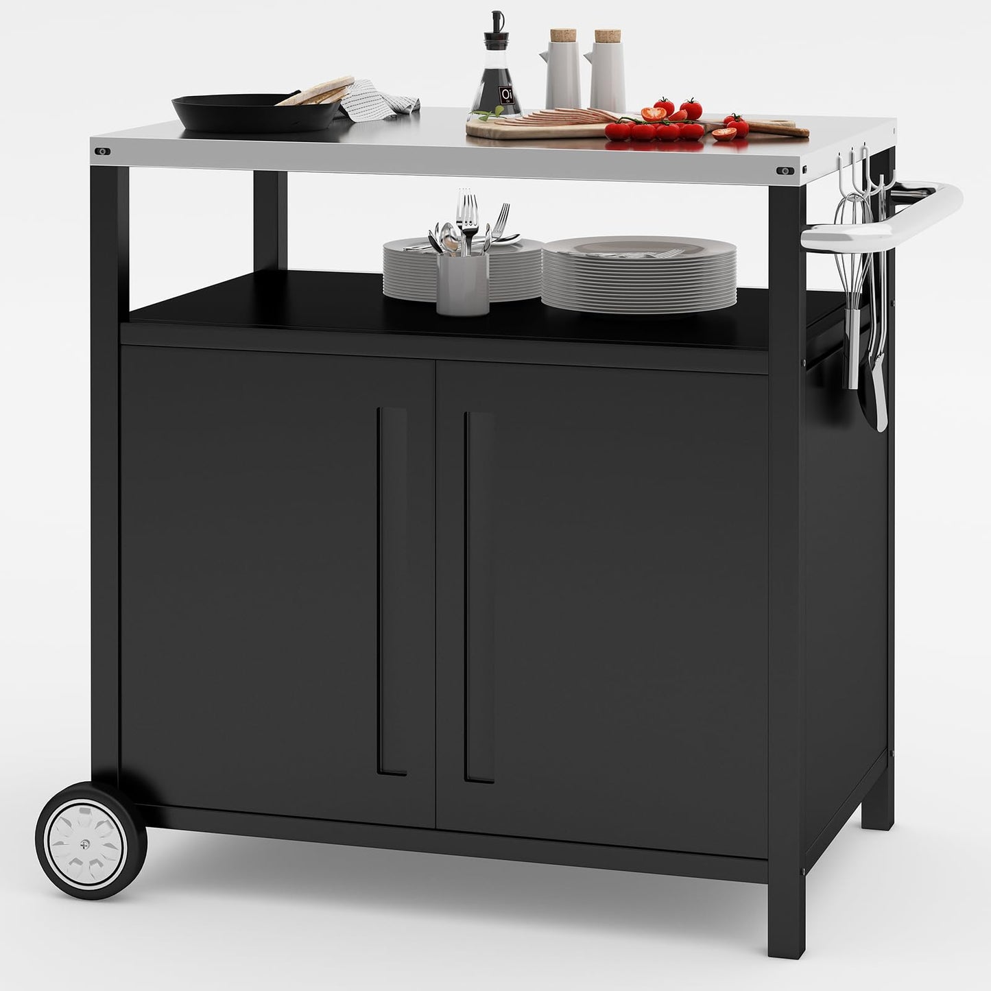 Outdoor Grill Cart with Storage Cabinet Stainless Steel Prep Stand with Storage Cabinet and Wheels Movable Whole Portable Table Outdoor Rolling Prep Station Kitchen Island Pizza Oven Table for Garden