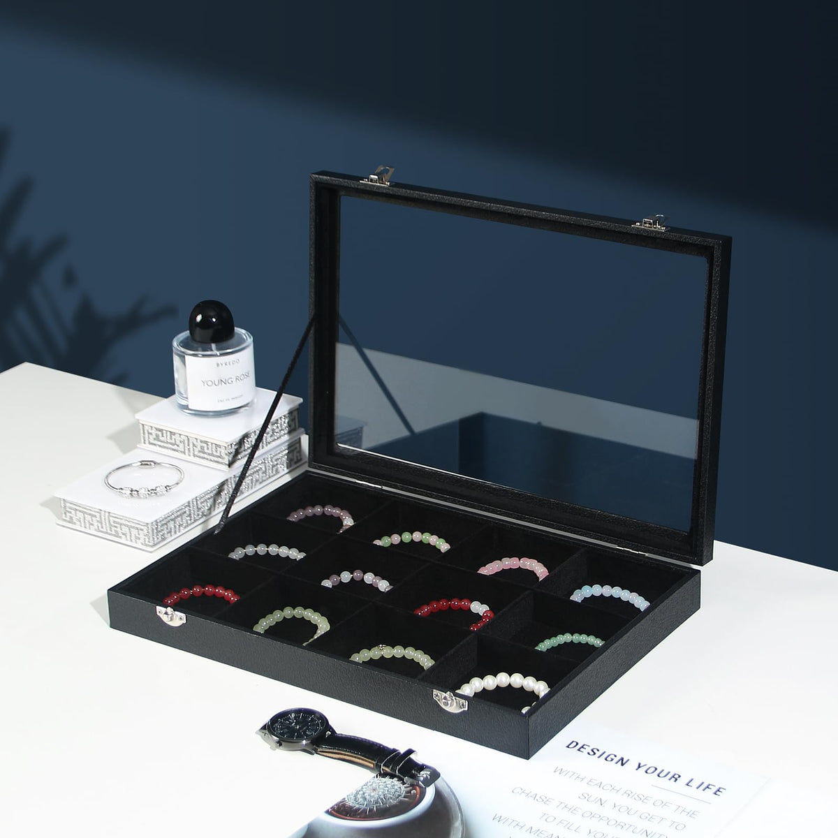 Coward Jewelry Organizer Box, Black Velvet 12 Grids Bracelet Bangle Necklace Jewelry Display Tray Case with Transparent Glass Lid for Home Drawer Desk or Store Selling Show