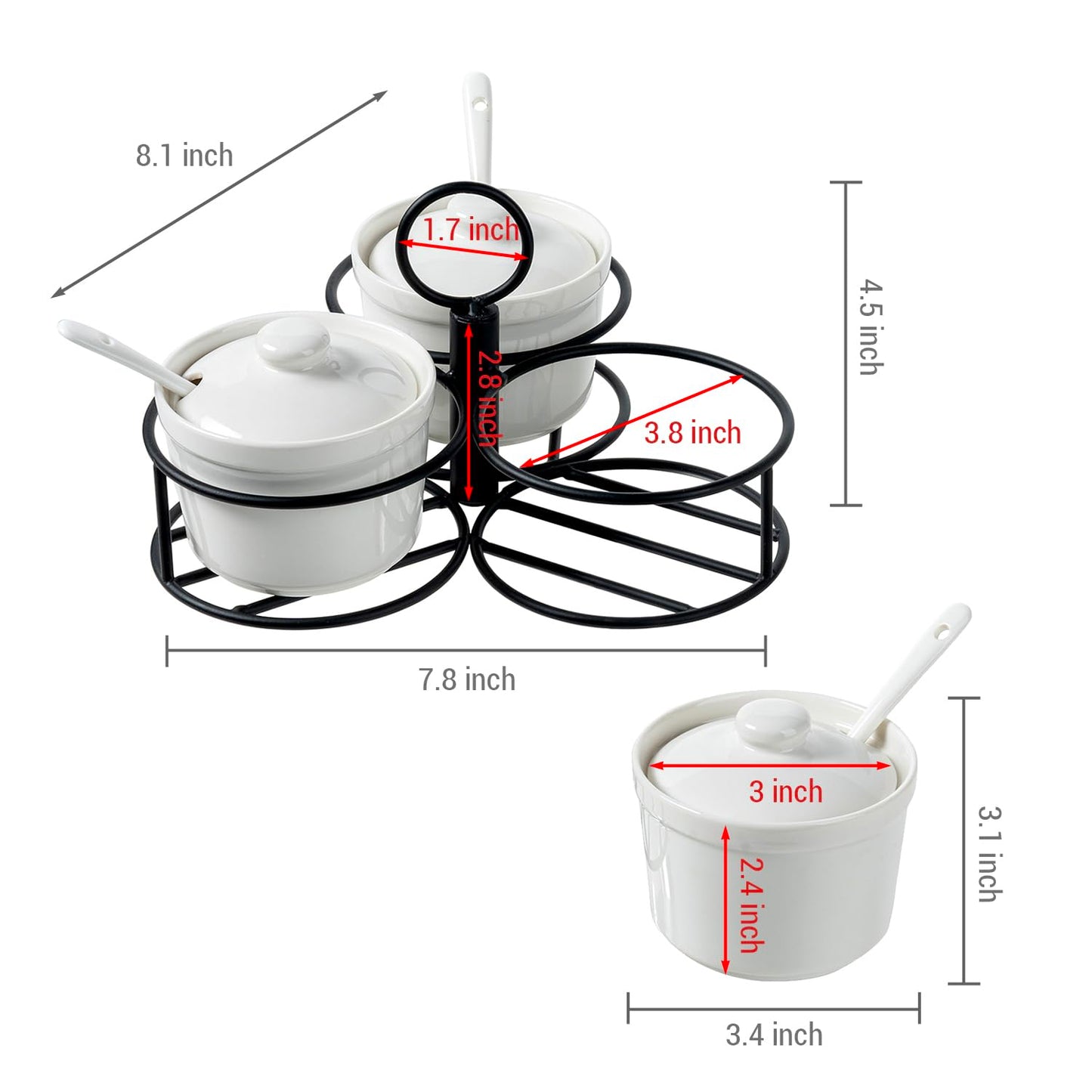 MyGift 10 Pc Set Ceramic Ramekin Condiment Dip Bowl with Lids and Spoons and Deluxe Modern Black Metal Wire Serving Rack for Sauces and Condiments