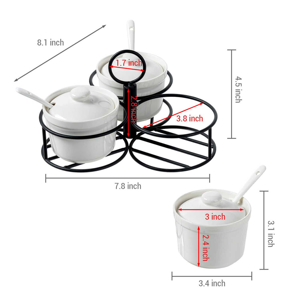 MyGift 10 Pc Set Ceramic Ramekin Condiment Dip Bowl with Lids and Spoons and Deluxe Modern Black Metal Wire Serving Rack for Sauces and Condiments