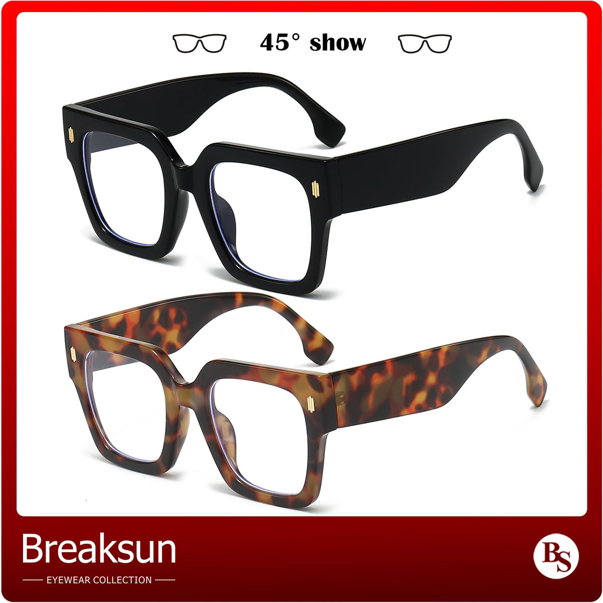 Breaksun Fashion Oversized Blue Light Blocking Glasses for Women Men Trendy Big Square Frame Computer Eyeglasses (Black+Tortoise)