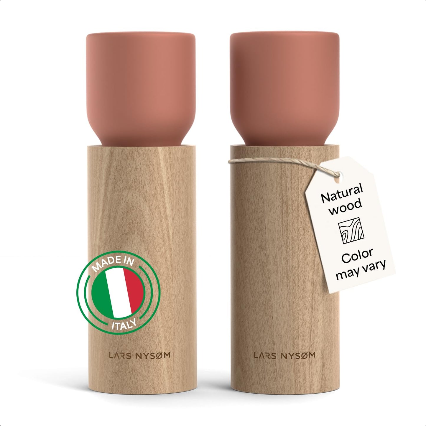 LARS NYSØM Wooden Salt and Pepper Grinder Set Manual - Salt and Pepper Mills with Adjustable Ceramic Grinder - Elegant Beechwood Pepper and Salt Mill Set for Dining Table (Brick Red)