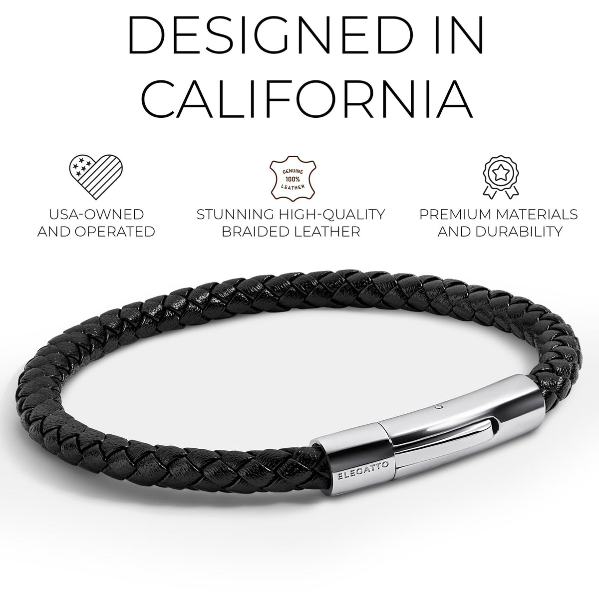Elegatto Elagio Premium Braided Leather Bracelet for Men | Full-Grain Braided Leather with Sterling Silver Polished Stainless Steel Clasp | Men’s Designer Bracelets | Extra Small