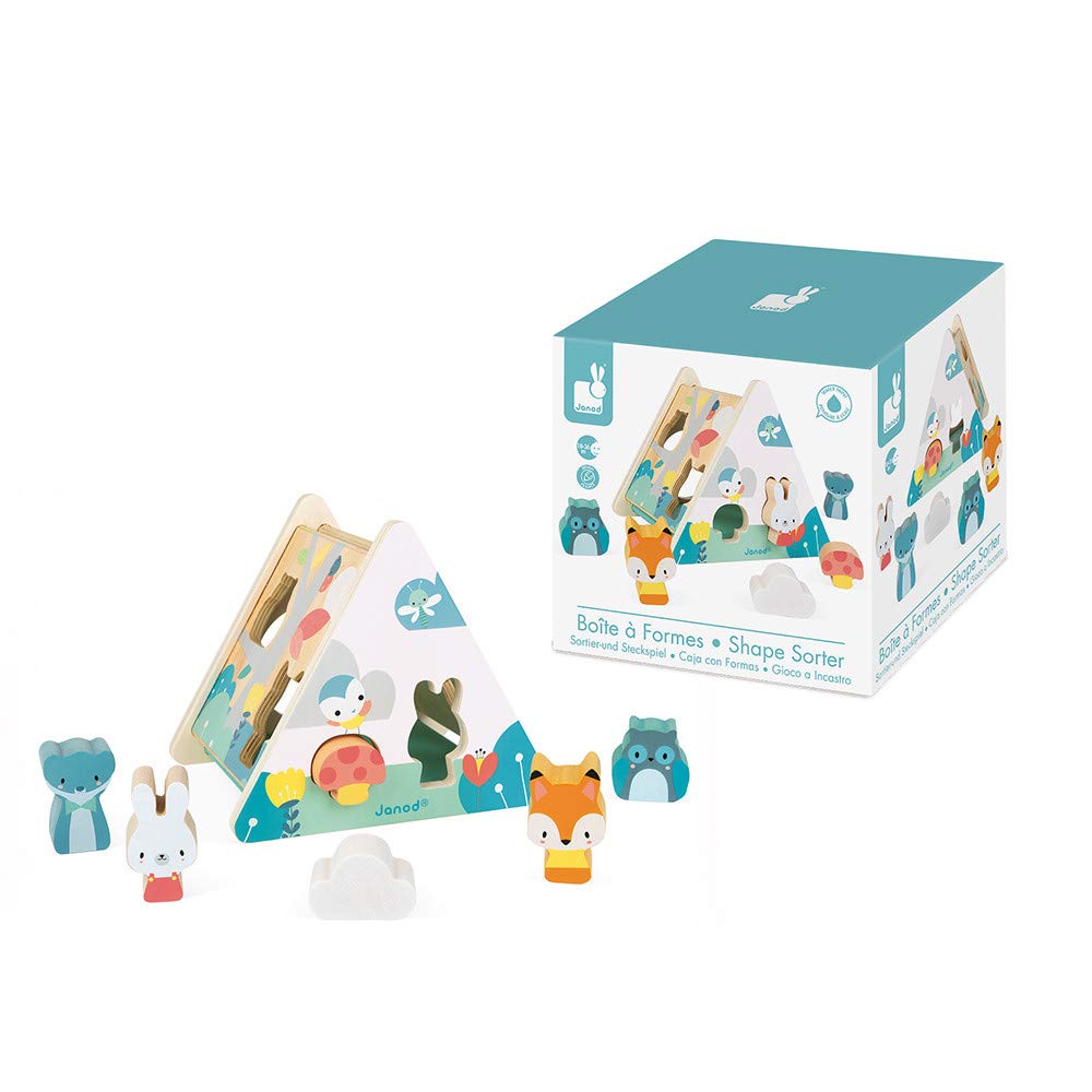 Janod - Pure Wooden Shape Sorter - Early Learning Toy - 6 Pieces Included - Handling and Building - Water-Based Paint - from 18 Months Old, J05150