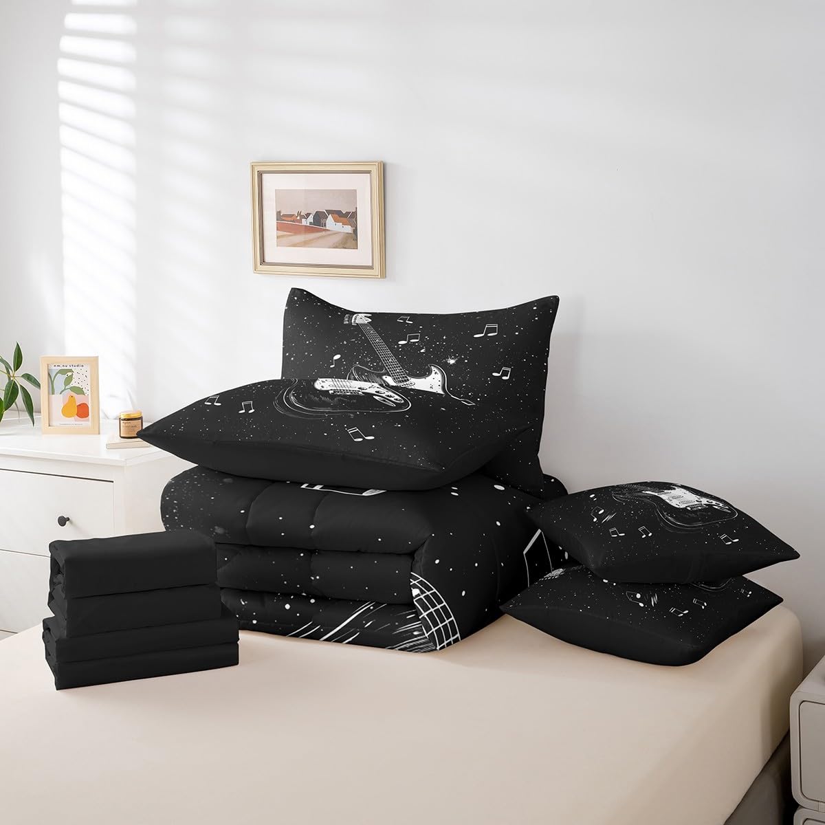 Feelyou Music 7 Pieces Bedding Set Queen Size Guitar Comforter Set with Sheets for Kids Boys Girls Guitar Instruments Bed in a Bag Rock Music Bed Set