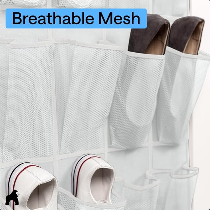 GORILLA GRIP Over the Door Shoe Organizer, 24 Large Breathable Mesh Pockets