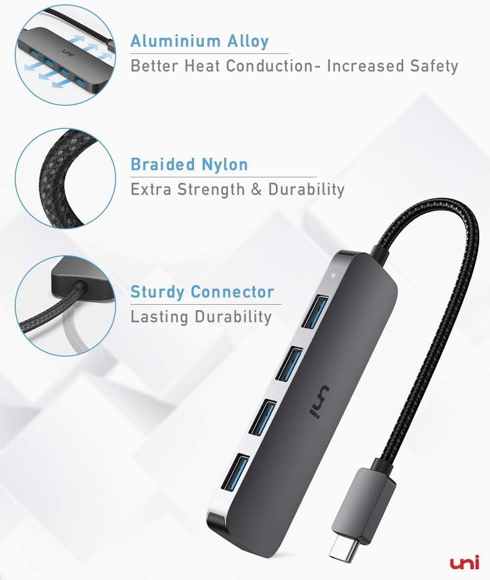 uni USB C Hub, USB Type C to 4-Port USB 3.0 Adapter, [5Gbps, Aluminium, Nylon] Ultra Slim USB Hub USB C to USB, Thunderbolt 3 Data Hub for MacBook Pro/Air iPad Pro XPS Chromebook iPhone15 Pro Galaxy