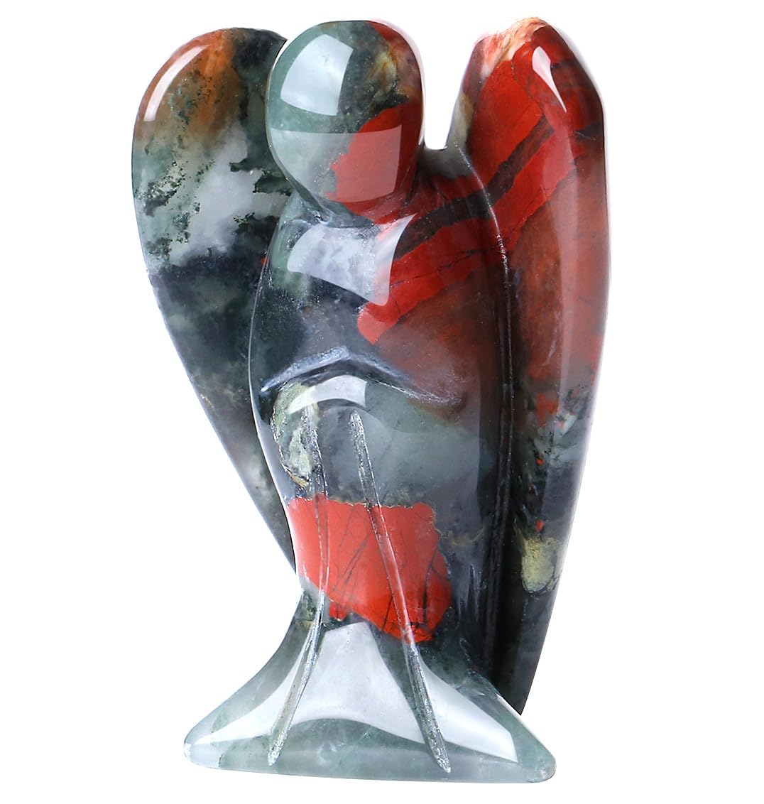 QINJIEJIE African Bloodstone Crystals Angel Decor Peace Statue Stone Guardian Angel Healing Hand Carved Gemstones Cute Pocket Figurines Room Office Desk Decorations Gifts for Women