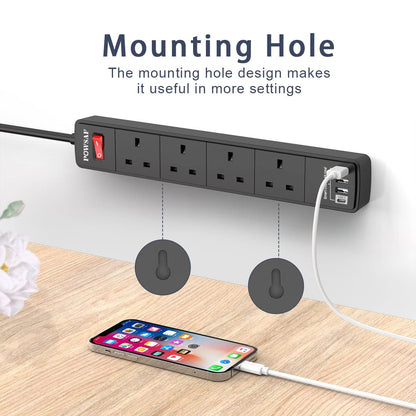 POWSAF Extension Lead with 4 USB Slots (3.4A, 1C and 3A Ports),Power Strip Extension cord with 4 way plug extension Socket and 2M Extension Cable for Home Office Travel holiday essentials,Black