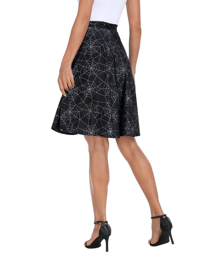 HDE Skirts for Women - Midi Skirt Skater Skirt Knee Length High Waist Fun Prints Spiderweb - L