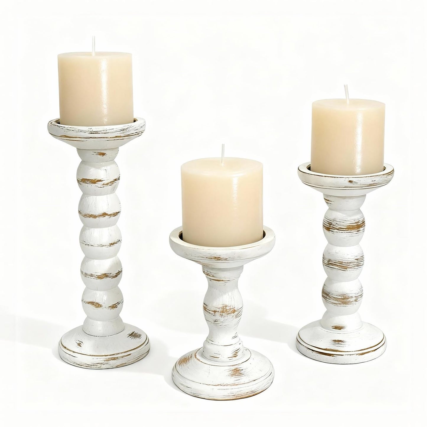 HuiDao Wood Candle Holder, 3Pcs Rustic White Candle Holders for Pillar Candles, Solid Wood Decorative Candle Holders Distressed Wooden Farmhouse Candle Holder Large for Fireplace Table