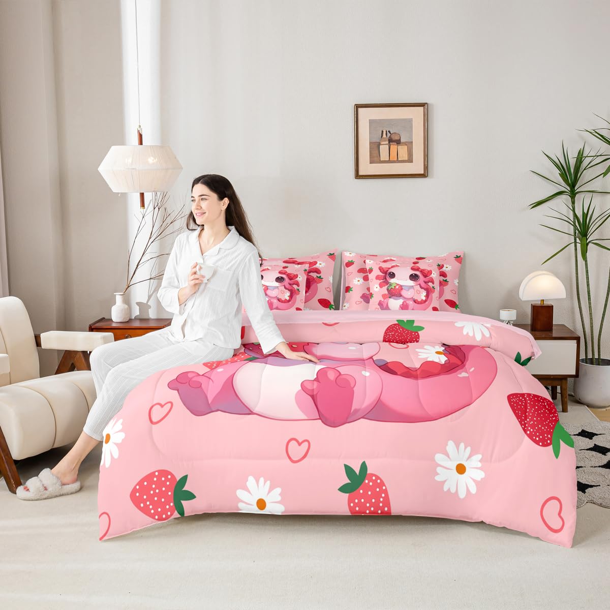 Erosebridal Cute Axolotl 7 Pieces Bedding Set Queen Size for Teen Girl | Pink Strawberry Bed in A Bag Kids Cartoon Daisy Floral Flower Comforter Set with Sheets Kawaii Animal Axolotl Quilt Set