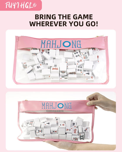 FUYIHGL® American Mahjong Tiles Bag with Zipper - Pink Empty Clear Carrying Case Only - Tiles Storage Holder with Embroidery Lettering - Up to 166 Tiles - Mah Jongg Accessories and Gifts for Women