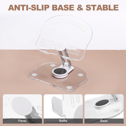 PATIKIL Acrylic Tablet Stand, Acrylic Tablet Holder Adjustable Foldable Portable Clear Cute with 360 Degree Rotating Base for Desk Home Office Women Gifts, White