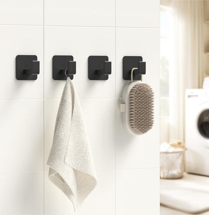GWAAZXGZ Square Self Adhesive Towel Hooks - 4 Pack Matte Black Metal Hooks, Right-Angle Design for Towels, Robes & Hats, Organize Bathroom, Kitchen, Entryway, Doors, Cabinets on Smooth Surfaces