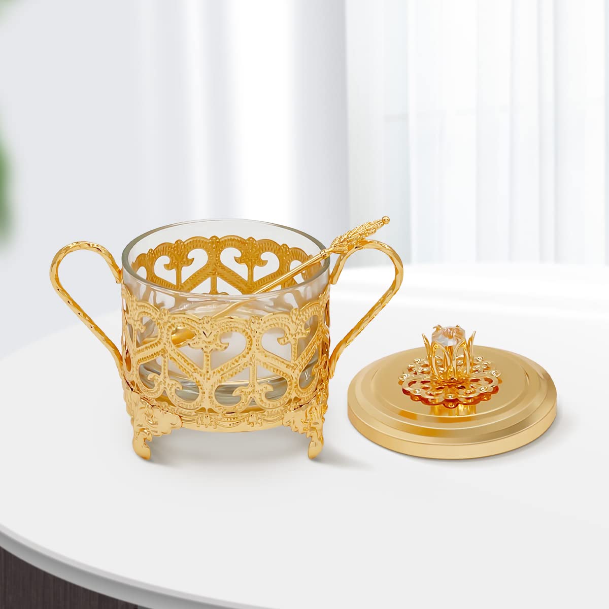 Flylin Sugar Bowl, Turkish Sugar Bowl Sugar with Sugar Spoon and Lid Dual Holder Bowl Condiment Pot Spice Glass Jar Coffee Bar Accessories Sugar Container for Home and Kitchen