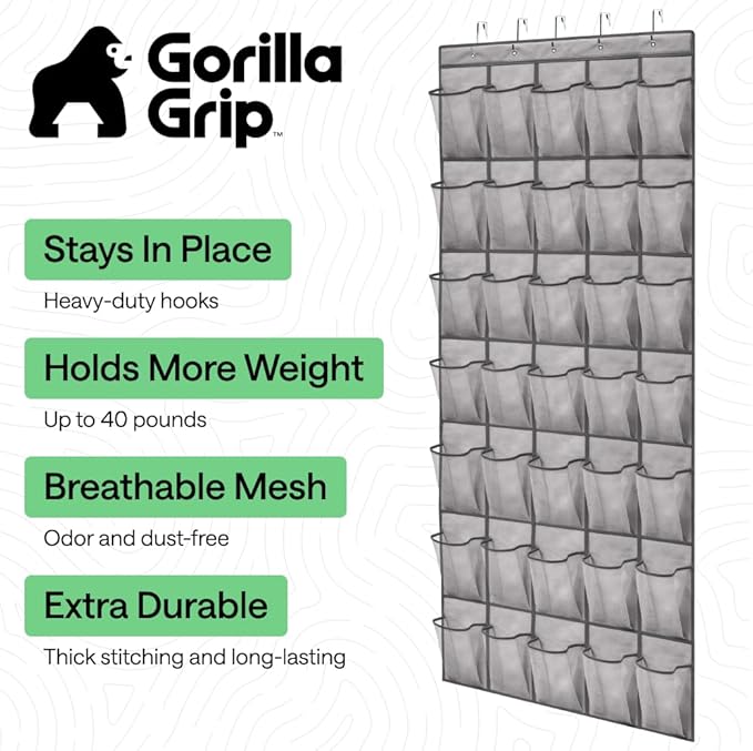 GORILLA GRIP Over the Door Shoe Organizer, 35 Large Breathable Mesh Pockets